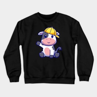 Cute Cow Sitting With Hat Cartoon Crewneck Sweatshirt